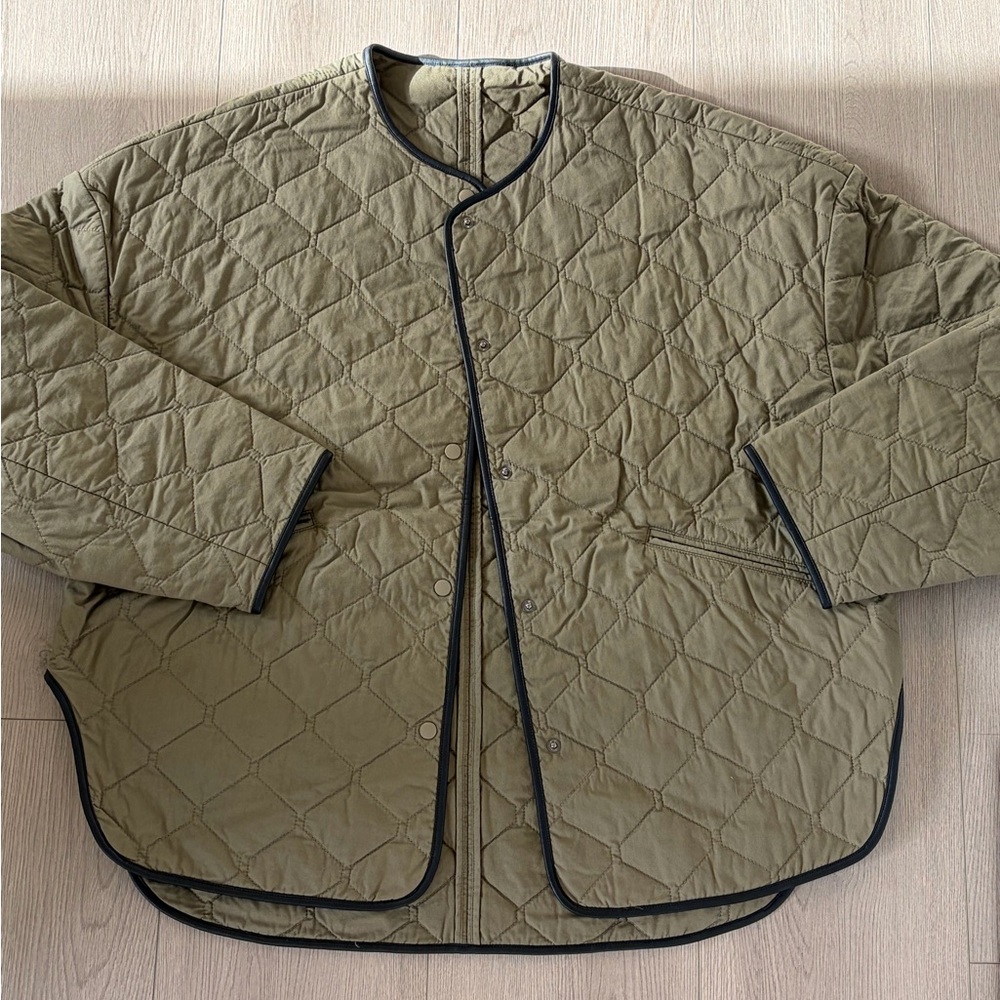 Quilted Olive Green Jacket with Black Trim